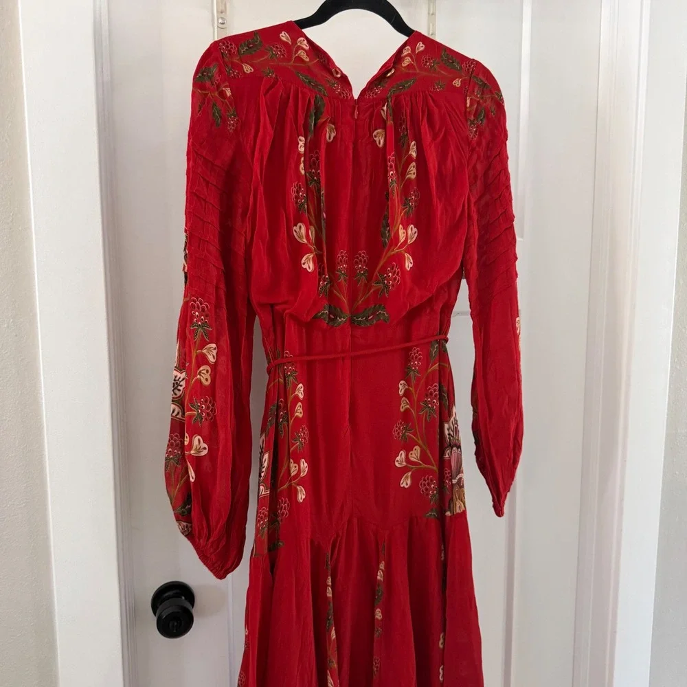Farm Rio Berry Garden Red Floral Long Sleeve Pleated Maxi Dress Small NWT 310758 - Picture 9 of 9